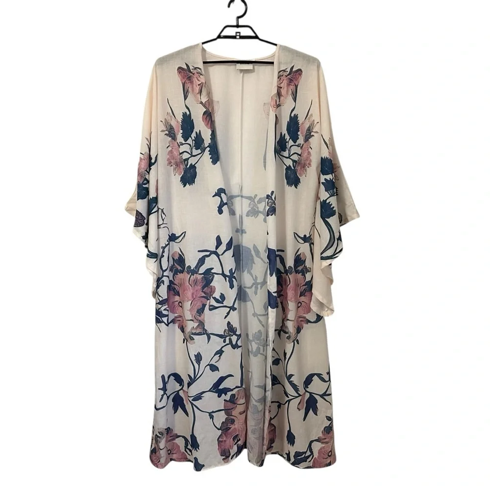 Bonne Journee Womens Floral Kimono Robe Sz 1 Sm/Med? Cream Exaggerated Sleeve - Picture 2 of 6